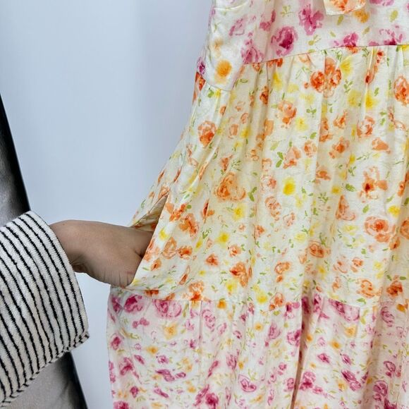 Arula Floral Square Neck Shoulder Tie Tiered Maternity Friendly Midi Dress 2X - Picture 12 of 14